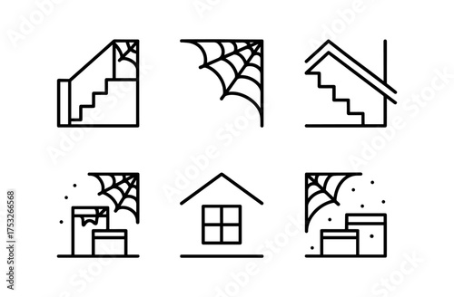 Minimalist icons of abandoned places with spider webs in linear style