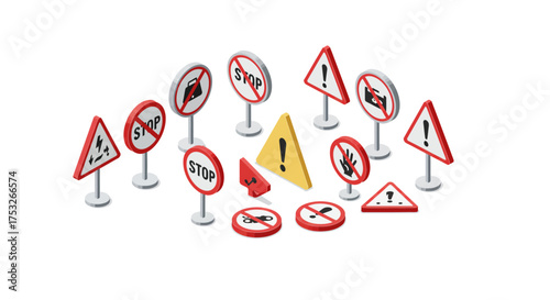 Isometric traffic warning signs collection for road safety awareness