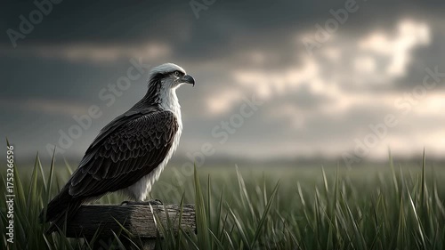 Osprey Perched on Grassland Gazing into the Distance