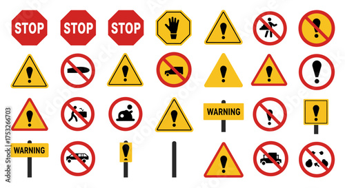 Collection of traffic and warning signs in various shapes and colors