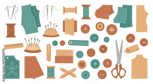 Colorful sewing tools and patterns set for craft and tailoring projects