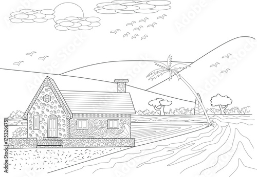 Detailed line art illustration for a coloring book featuring a charming riverside house with mountains, trees, and birds, perfect for relaxation and creative activity.