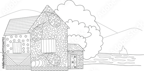 Intricate black and white line art of a charming house on a tranquil riverbank with patterns, ideal for mindful coloring or design projects.