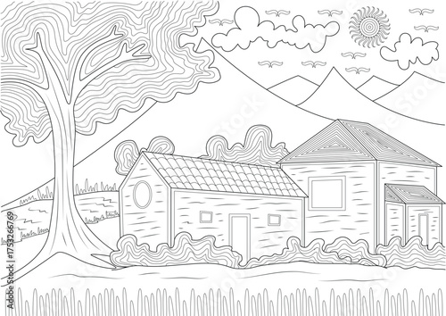 Monochrome line art of tranquil rural village scene with houses by the water, mountains, and trees for coloring.