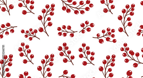 Seamless pattern of red berries on branches for festive designs