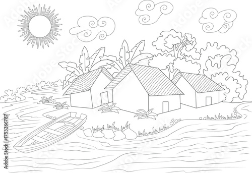 Simple line drawing of a tranquil riverside village featuring houses, a boat, and nature elements, ideal for children's activities and minimalist design.