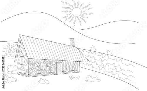 Detailed Line Art Illustration of a Riverside House with Intricate Patterns, Rolling Hills, and a Radiant Sun. Ideal for Adult Coloring Books, Relaxation, and Creative Hobbies.