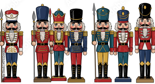 Classic nutcracker soldiers in uniforms with hats and weapons