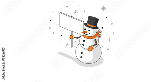 Festive snowman with hat and scarf holding a blank sign for winter messages