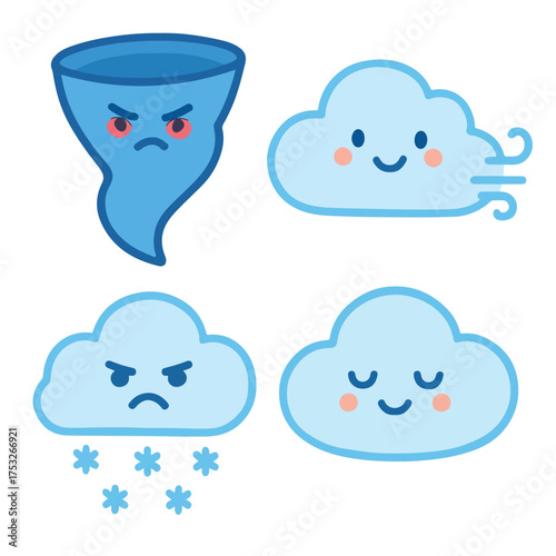 A collection of four charming cartoon weather icons, each depicting a different meteorological phenomenon with distinct facial expressions, set against a clean white backdrop.