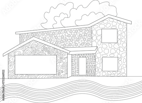 Black and white line drawing of abstract houses by a river, with decorative patterns for coloring. Ideal for creative projects.
