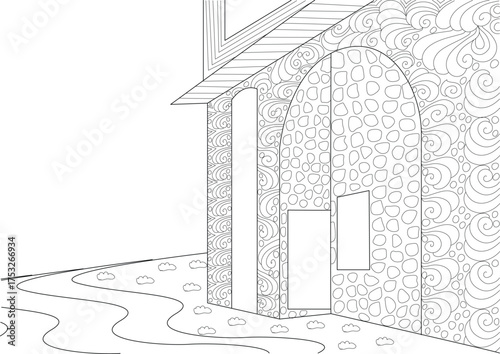 Detailed line drawing of a fantasy house with stone and swirl textures, an arched entry, and a path, ideal for coloring.