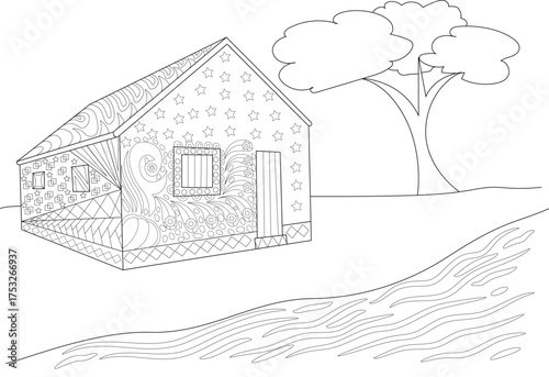 Detailed Black and White Line Art Illustration of a Whimsical House by a River, Featuring Intricate Abstract Patterns and a Tree, Perfect for Coloring Books, Crafts, and Creative Projects.