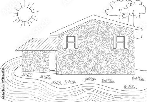 Monochrome vector outline of a whimsical home, featuring intricate abstract designs and a serene natural setting, ready for creative coloring or graphic use.