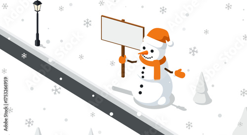 Isometric snowman with blank sign in winter wonderland scene