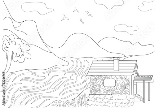 Beautiful line art of a house by a river with mountains and birds, perfect for coloring or as a serene nature and home design element.