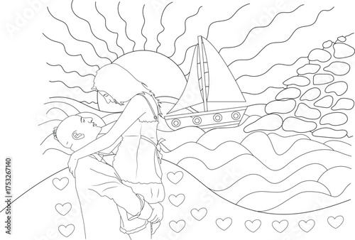 Outline drawing of a couple in love, with a sailboat, sun, and hearts, ideal for coloring books, wedding invitations, and romantic greetings.