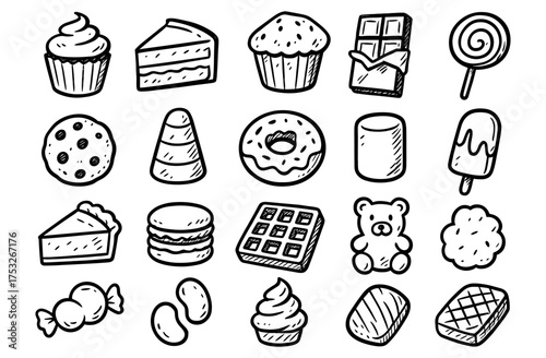 Hand drawn sweets collection including cupcakes, doughnuts, and lollipops in black and white