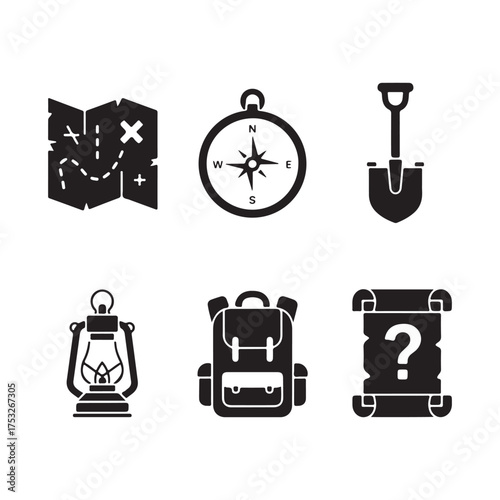 A collection of six black adventure-themed icons, including a map, compass, shovel, lantern, backpack, and a scroll with a question mark, all isolated on a white background.