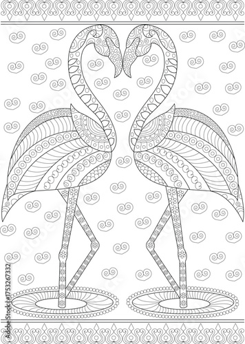 Intricate Adult Coloring Page Featuring a Romantic Pair of Flamingos Forming a Heart Shape, Adorned with Detailed Zentangle-Inspired Patterns, Perfect for Relaxation and Creative Expression.