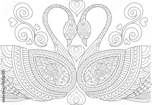 Stylized pair of romantic swans creating a heart, detailed Zentangle-inspired artwork for creative coloring, mindfulness, and meditation.
