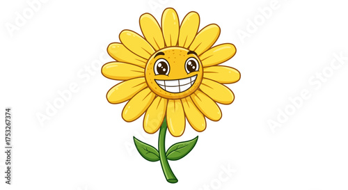 Cheerful smiling sunflower cartoon character with vibrant yellow petals and g…
