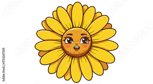 Cute kawaii sunflower with smiling face and expressive eyes on white background