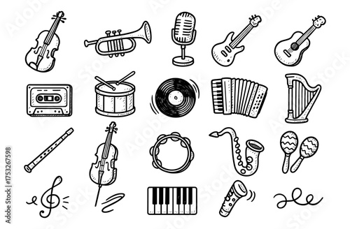 Hand drawn musical instruments collection featuring various iconic instruments