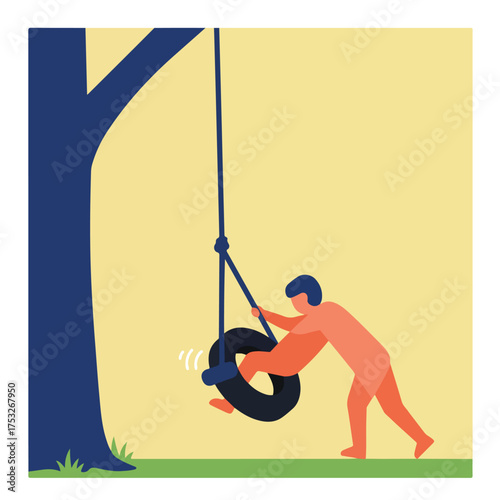 Person pushing a tire swing on a tree on a grassy area