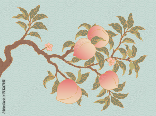 Traditional Minhwa Style Peach Tree Illustration