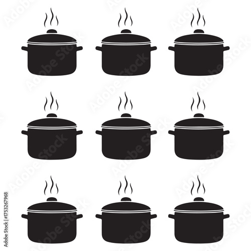 A grid of nine identical black cooking pots, each emitting a wisp of steam from its lid, arranged neatly on a pure white background, symbolizing culinary preparation and kitchen essentials.