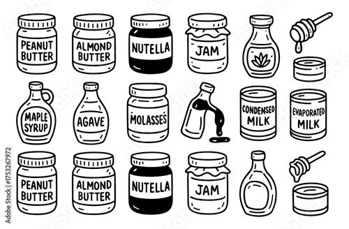 Hand drawn jars and bottles of spreads and syrups collection