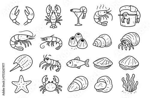 Hand-drawn sea creatures with crustaceans and shellfish in black and white line art