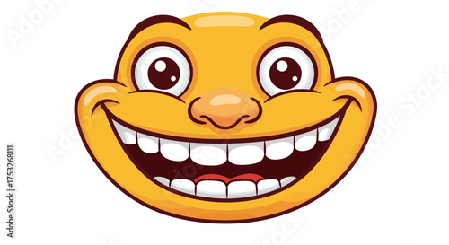 Smiling emoji face with wide grin and bright eyes on white background