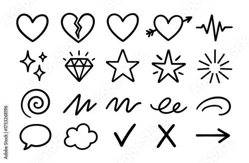 Modern minimalist line art icons: love, nature, symbols, and shapes
