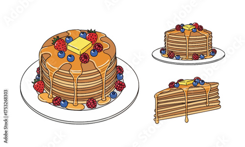Vector Illustration of a Stack of Pancakes with Syrup and Berries