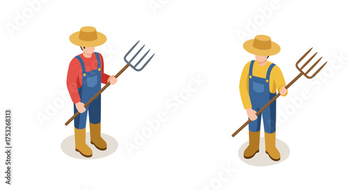 Isometric farmers with pitchforks in overalls and straw hats on white background
