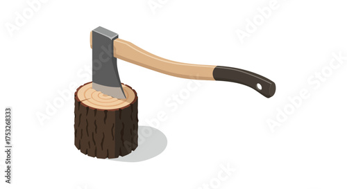 Isometric axe on tree stump with shadow for woodworking and logging themes
