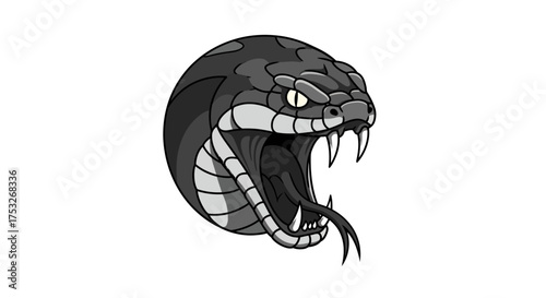 Fierce snake head with open mouth and sharp fangs