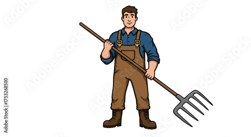 Cartoon farmer holding pitchfork in overalls on white background