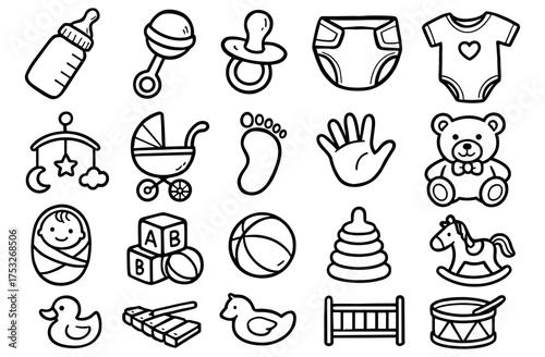 Cute baby essentials outline set for nursery and childcare design