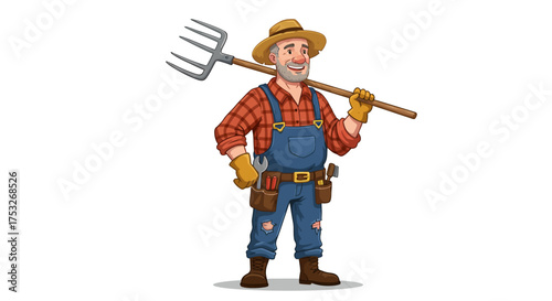 Cheerful farmer holding pitchfork in overalls and straw hat
