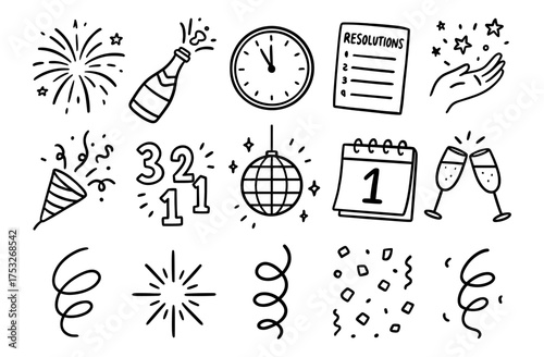 Hand drawn new year celebration elements with fireworks, clock, resolutions, and confetti