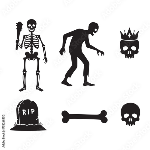 A collection of spooky Halloween icons including a skeleton with a club, a zombie, two skulls (one with a crown), and a tombstone, all presented as black silhouettes on a clean white background.