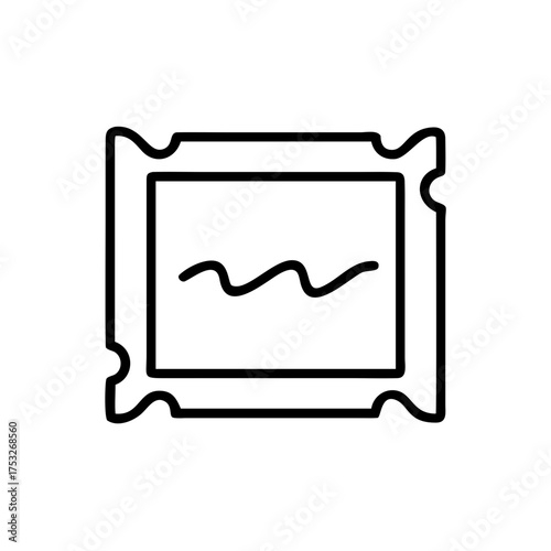 Vintage stamp with decorative border and wavy line, symbolizing nostalgia, collectibles, and artistic expression in a minimalist style