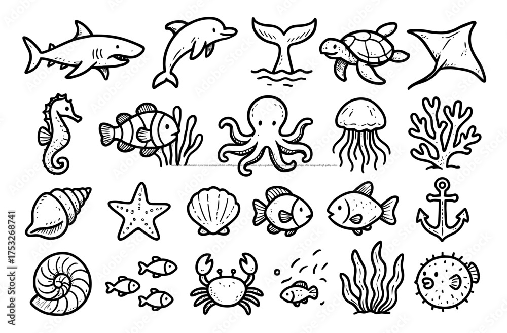 Fototapeta premium Hand drawn sea life collection including fish, shark, and coral