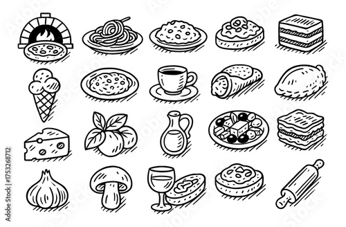 Hand drawn italian cuisine icons: pizza, pasta, and more in sketch style