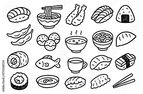 Hand-drawn japanese food icons featuring sushi and noodle dishes