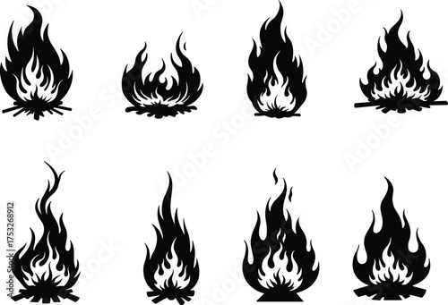 Black campfire flame silhouette set, burning fire icon collection, vector bonfire shapes, isolated fire symbols, camping heat illustration, wood blaze