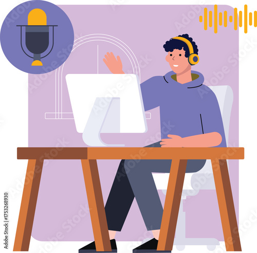 Podcast Recording Illustration with Young Broadcaster